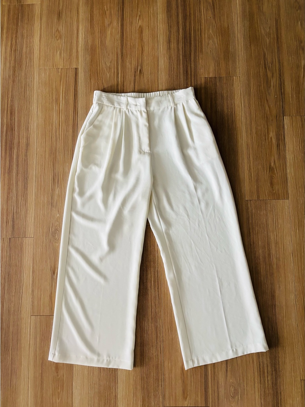 Funyyzo Pants Crop Wide Leg Ankle Elastic Waist High Rise Womens L Office Casual